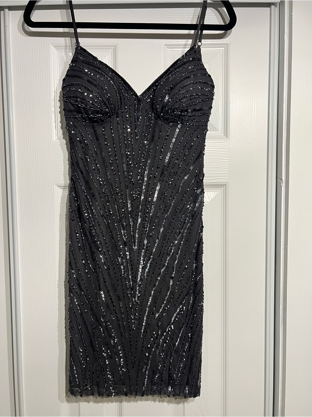 JULES & CLEO (David’s Bridal) Beaded Black Sequin Dress with Adjustable Straps